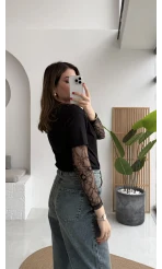 Kolu Danteli T-shirt - Siyah