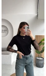 Kolu Danteli T-shirt - Siyah