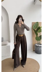 Köprü Detay Kemerli Pantolon - Acı Kahve - Kod: 3855