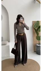 Köprü Detay Kemerli Pantolon - Acı Kahve - Kod: 3855