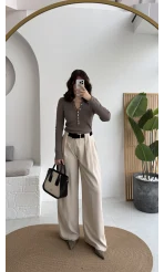 Köprü Detay Kemerli Pantolon - Taş - Kod: 3855