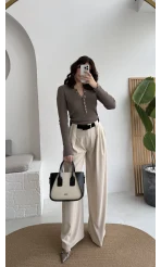 Köprü Detay Kemerli Pantolon - Taş - Kod: 3855