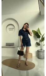 Koyu Mavi Kısa Şort Denim Tulum