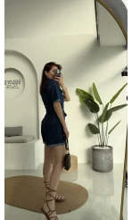 Koyu Mavi Kısa Şort Denim Tulum