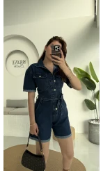 Koyu Mavi Kısa Şort Denim Tulum