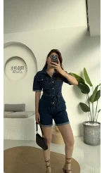 Koyu Mavi Kısa Şort Denim Tulum