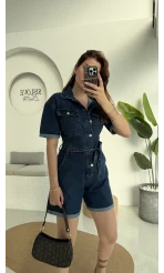 Koyu Mavi Kısa Şort Denim Tulum
