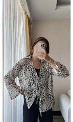 Krem Leopar Model Transparan Gömlek
