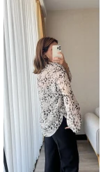 Krem Leopar Model Transparan Gömlek