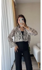 Krem Leopar Model Transparan Gömlek