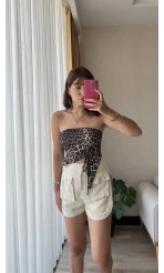 Krem Müslin Keten Karışımlı Şort