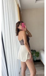 Krem Müslin Keten Karışımlı Şort