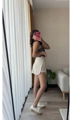 Krem Müslin Keten Karışımlı Şort