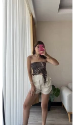 Krem Müslin Keten Karışımlı Şort