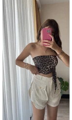 Krem Müslin Keten Karışımlı Şort