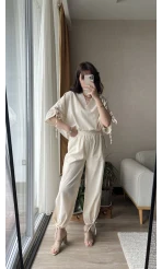 Krem Paça Detaylı Pantolon