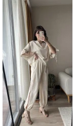 Krem Paça Detaylı Pantolon
