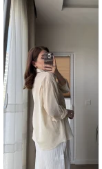 Krem Püskül Taş Detaylı Gömlek