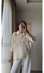 Krem Püskül Taş Detaylı Gömlek