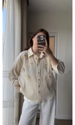 Krem Püskül Taş Detaylı Gömlek