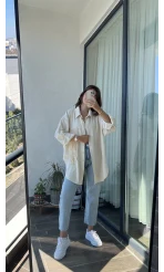 Krem Püsküllü Keten Gömlek