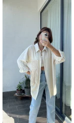 Krem Püsküllü Keten Gömlek