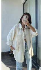 Krem Püsküllü Keten Gömlek