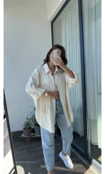 Krem Püsküllü Keten Gömlek