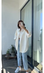 Krem Püsküllü Keten Gömlek