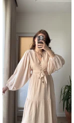 Krem Rengi Etekli Crop Takım