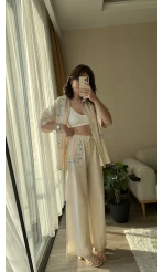 Krem Rengi Etnik Desenli Kimono Pantolon Takım