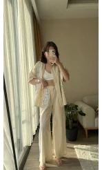 Krem Rengi Etnik Desenli Kimono Pantolon Takım