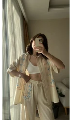 Krem Rengi Etnik Desenli Kimono Pantolon Takım
