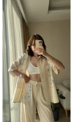 Krem Rengi Etnik Desenli Kimono Pantolon Takım