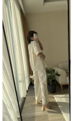 Krem Rengi Etnik Desenli Kimono Pantolon Takım