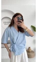 Kruvaze Yaka Bağlamalı Bluz - Bebe Mavisi - 1021