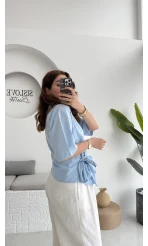 Kruvaze Yaka Bağlamalı Bluz - Bebe Mavisi - 1021