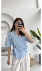 Kruvaze Yaka Bağlamalı Bluz - Bebe Mavisi - 1021