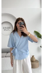Kruvaze Yaka Bağlamalı Bluz - Bebe Mavisi - 1021