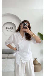Kruvaze Yaka Bağlamalı Bluz - Beyaz - 1021
