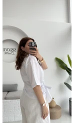 Kruvaze Yaka Bağlamalı Bluz - Beyaz - 1021