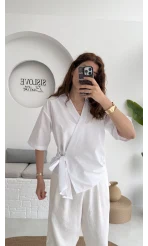Kruvaze Yaka Bağlamalı Bluz - Beyaz - 1021