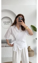 Kruvaze Yaka Bağlamalı Bluz - Beyaz - 1021