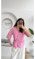 Kruvaze Yaka Bağlamalı Bluz - Pembe - 1021