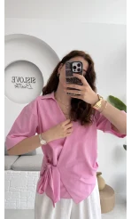 Kruvaze Yaka Bağlamalı Bluz - Pembe - 1021