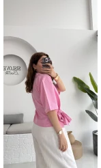 Kruvaze Yaka Bağlamalı Bluz - Pembe - 1021