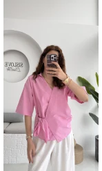 Kruvaze Yaka Bağlamalı Bluz - Pembe - 1021