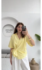 Kruvaze Yaka Bağlamalı Bluz - Sarı - 1021