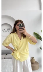 Kruvaze Yaka Bağlamalı Bluz - Sarı - 1021