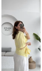 Kruvaze Yaka Bağlamalı Bluz - Sarı - 1021